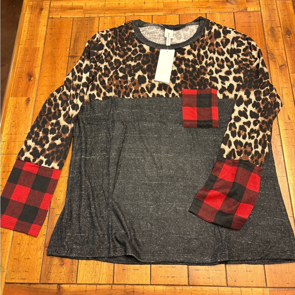 Leopard and Plaid Long Sleeve Shirt